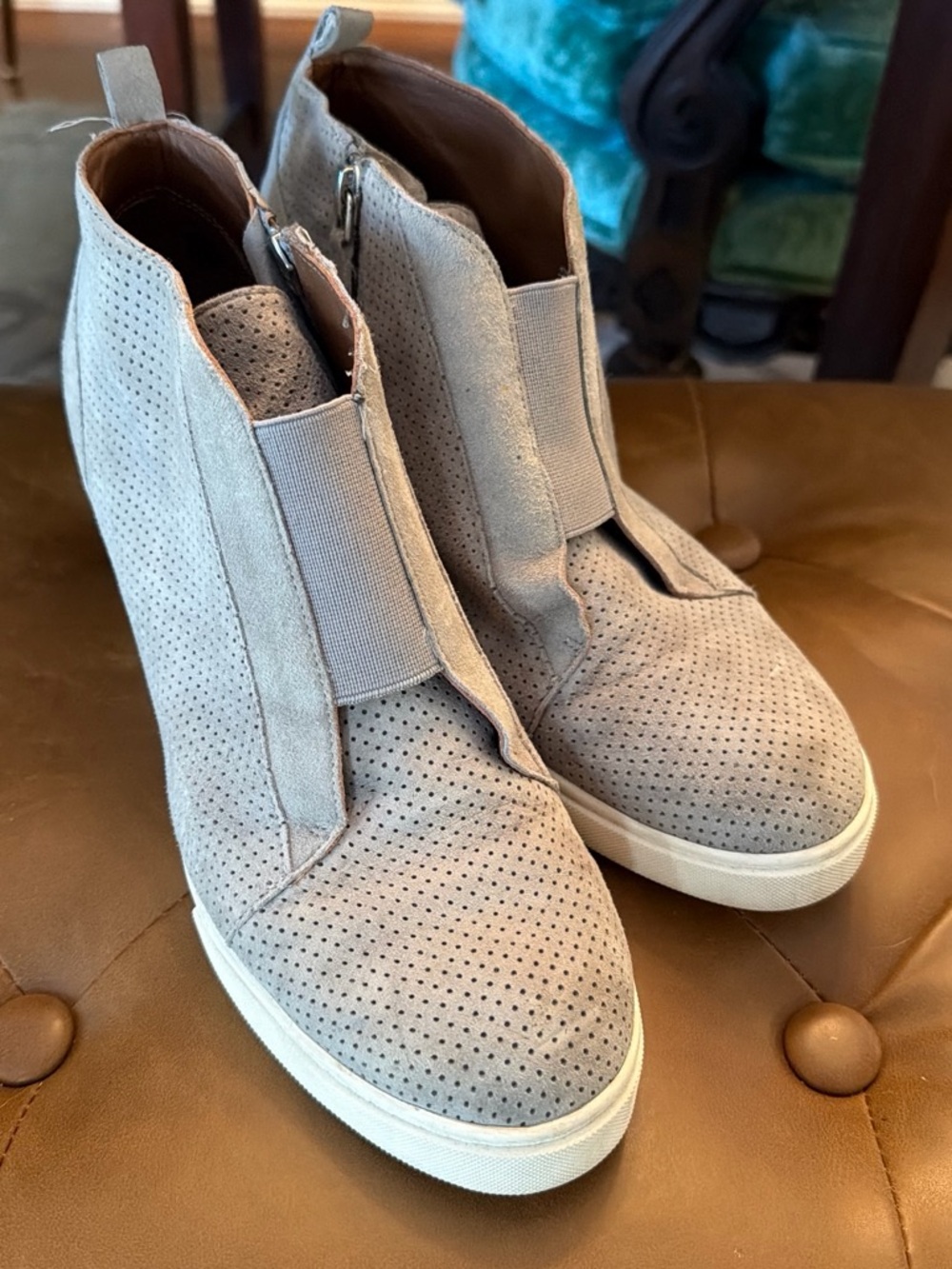 Paolo Perforated Suede Slip-On Wedge Sneakers in Taupe